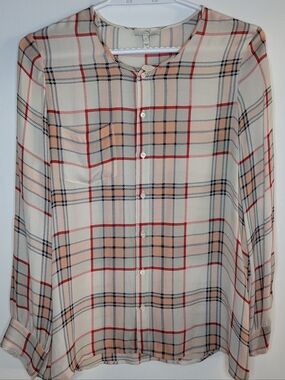 Joie Cream Plaid Button-Down Shirt with Red and Beige Accents
